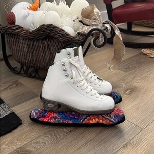 Riedell Emerald White Ice Skates with Colorful Blade Covers